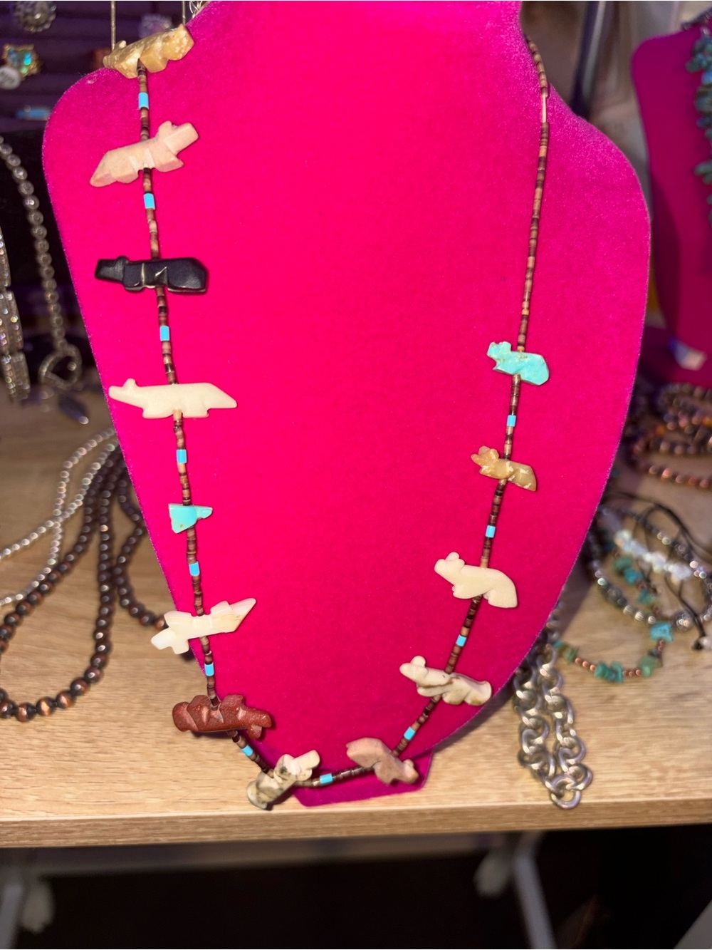 Southwestern Bead & Animal Fetish Necklace in Turquoise, Cream, Brown
